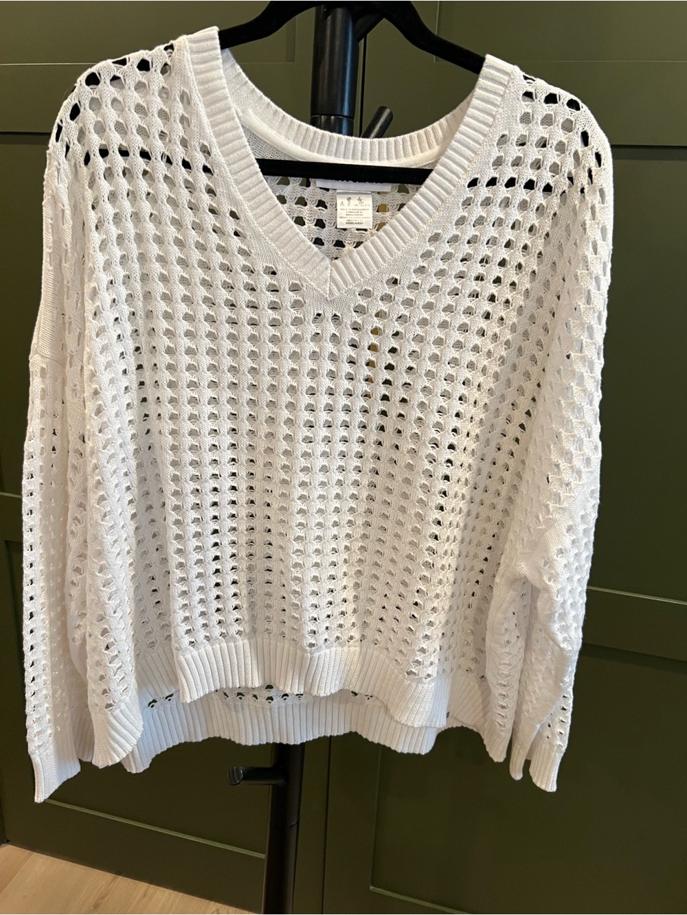 DKNY White Open-Weave V-Neck Sweater